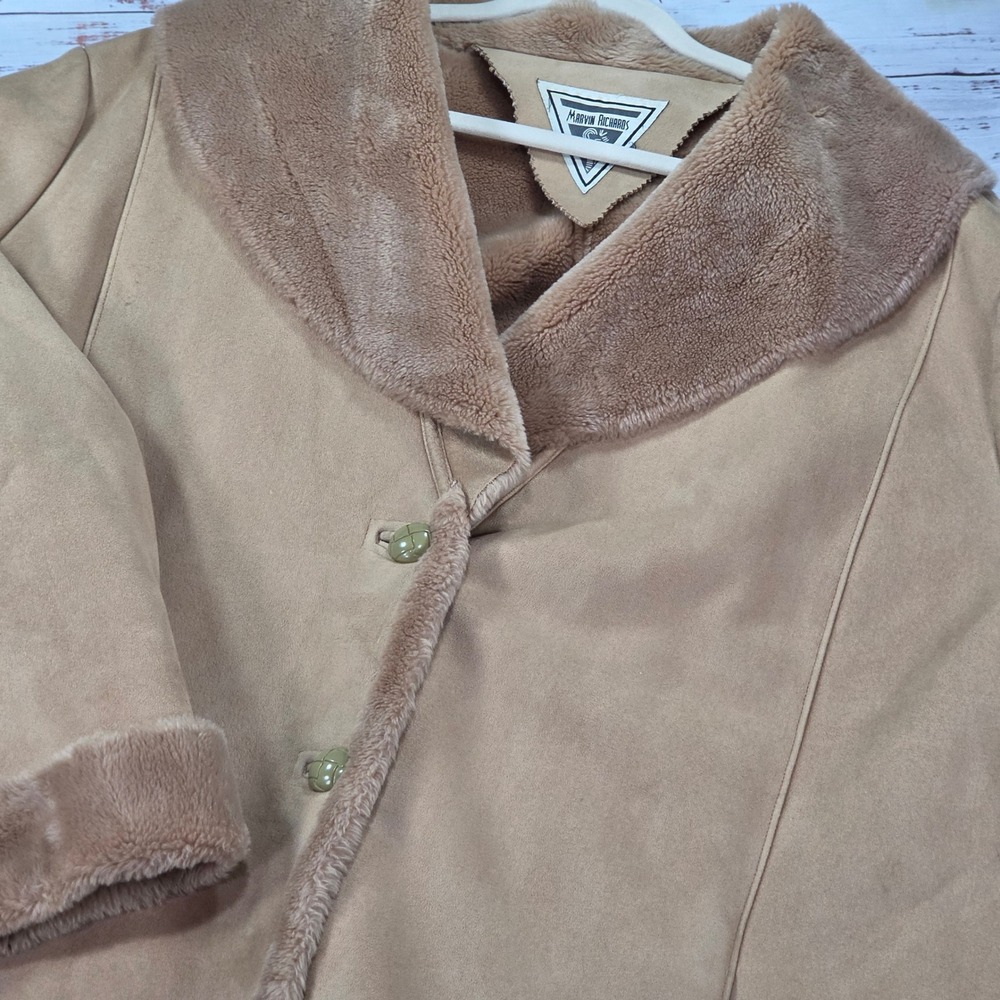 Marvin Richards Faux Suede Coat Womens XL Tan Good Faux Fur Lined Shawl Collar